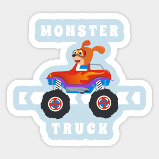 Cartoon vector of monster truck with little animal driver. Sticker